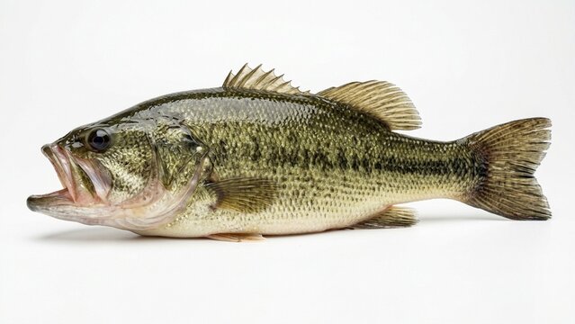Fresh largemouth bass fish in profile view isolated on white background