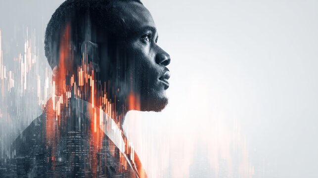 Businessman with stock market overlay financial concept