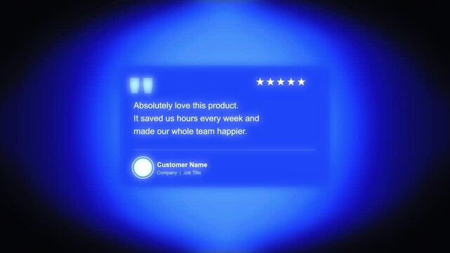 Minimalist digital testimonial interface with five star rating overlaying a glowing blue gradient backdrop