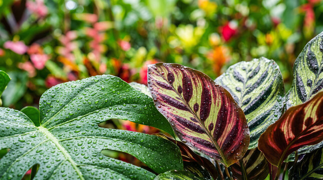 Tropical leaves with water droplets in a lush garden with soft bokeh background