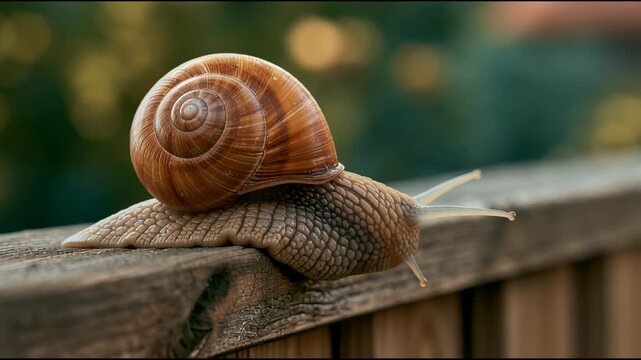 A snail moves slowly along a wooden surface in a garden. The sunlight highlights its shell and surrounding plants.