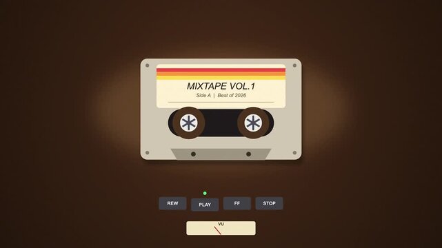 Minimalist vector art animation showing a vintage audio cassette tape playing in a retro media interface