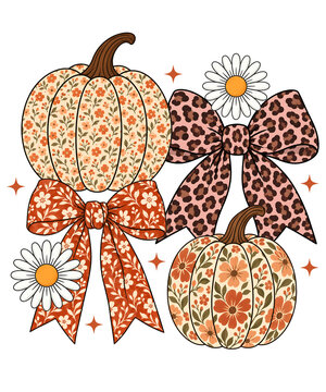 Fall pumpkins with floral and leopard print bows and daisies isolated on transparent background