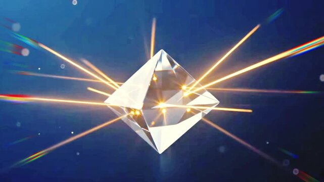Glowing Crystal Shape with Radiating Light on Blue Background