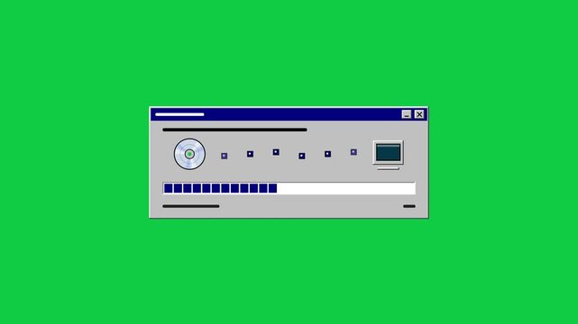 Pixel Art Retro OS Software Installation Loading Progress Bar with CD ROM on Green Screen