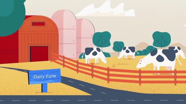 Animated dairy farm landscape featuring black and white cows grazing peacefully near red barn video clip
