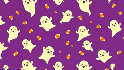 Obraz premium Cute cartoon ghost and candy corn pattern on a purple background for halloween
