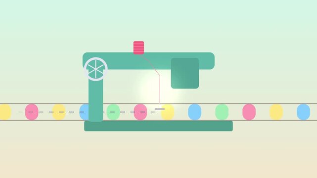 Sewing machine crafting decorative beads string in flat style animation for textile production industry concept