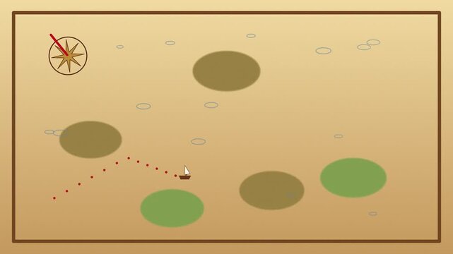 Small boat sailing along dotted path toward treasure on vintage map hand drawn animation for navigation quest