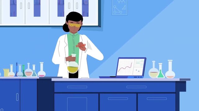 Female scientist working in modern laboratory mixing chemicals in flasks with laptop and safety goggles video clip