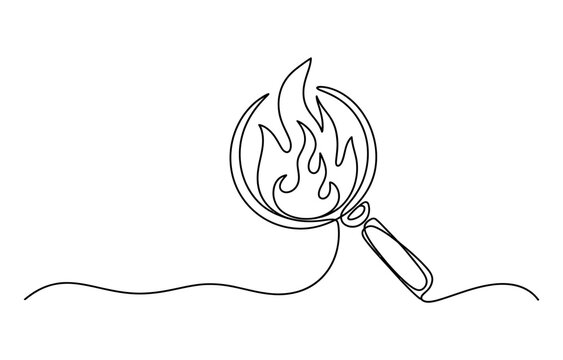 Continuous single line drawing of a magnifying glass with a fire flame inside representing hot search or trending topic