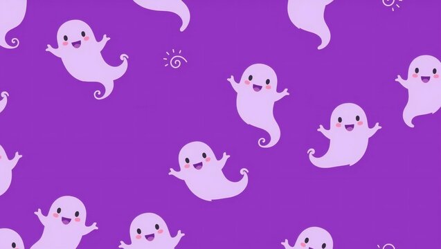Cute cartoon ghost pattern with happy smiling ghosts on a purple background for halloween design