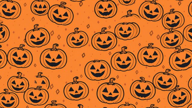 Seamless pattern with cute orange halloween pumpkins with happy faces