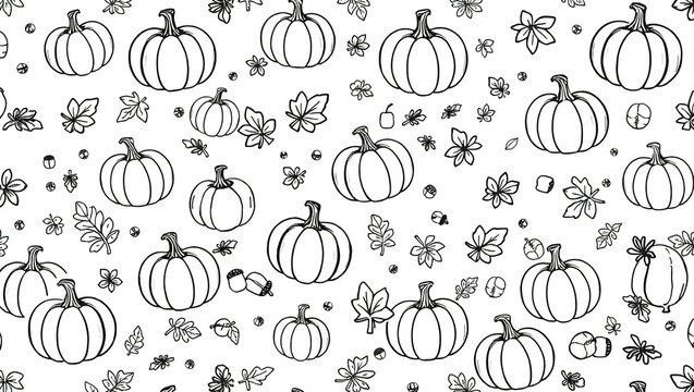 Seamless pattern with hand drawn pumpkins and autumn leaves in black and white sketch style