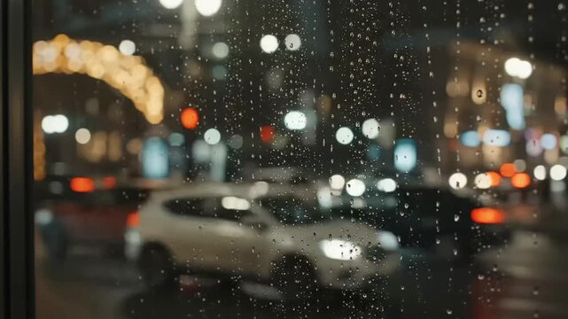 Raindrops on window glass overlooking a festive city street at night with blurred traffic and holiday lights, perfect video background for seasonal holiday projects.