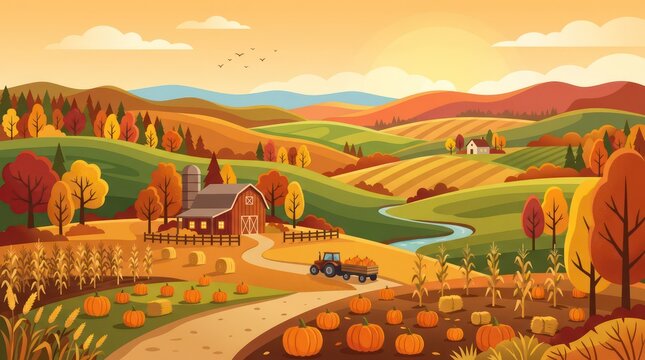 Beautiful autumn landscape of a farm with a red barn pumpkin patch tractor and corn fields under a golden sunset sky over rolling hills