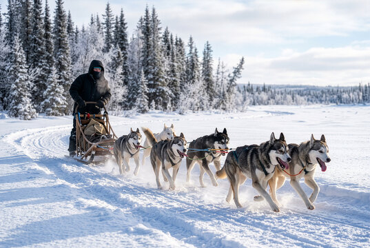 Team of husky dogs pulling a sled along a snowy trail