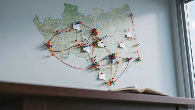 Map on a wall with pins and string creating a connection web