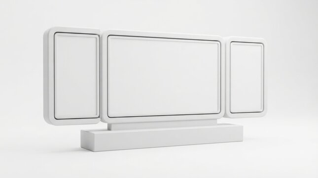 Minimalist White Triptych Display Stand With Blank Screens For Corporate Branding Mockups