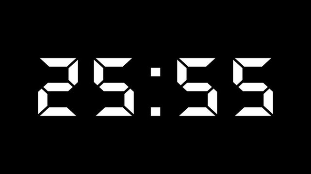 Digital 26 minute Countdown .Digital timer animation is a 1-minute countdown from 26 to 25 minutes. timer counting down minutes and seconds , educational 4K video with alpha channel.