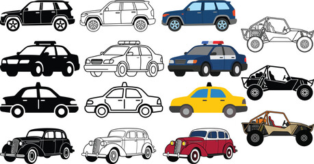 Set of diverse automobile icons including sedan taxi police car and off roaders © Rafil