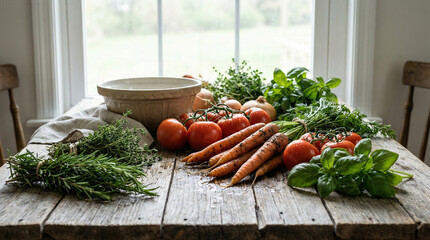 Fresh garden vegetables and herbs including tomatoes, carrots, basil, rosemary, and thyme arranged on a rustic wooden table by a window. © Molka