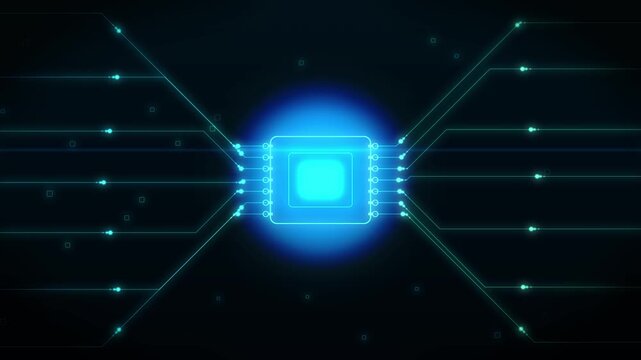Abstract cpu microprocessor glowing with digital pulses connectivity on dark background cinematic tech motion