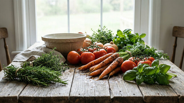 Fresh garden vegetables and herbs including tomatoes, carrots, basil, rosemary, and thyme arranged on a rustic wooden table by a window.