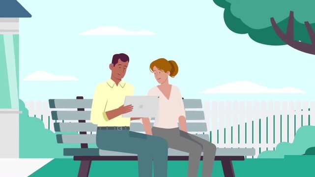 Animated couple sitting together on park bench using tablet computer digital illustration motion graphics footage clip