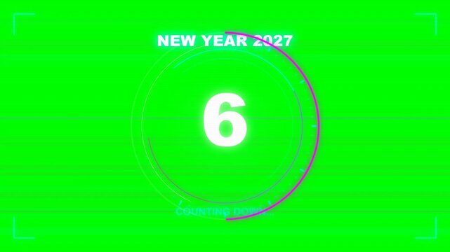 Ultra-premium chromakey green screen countdown timer with quantum glitch dissolve effects, scrambling digital digits, RGB split and scanline distortion for New Year, esports and broadcast videos