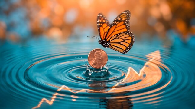 Penny stock micro investing transformation concept with a monarch butterfly hovering over a coin splashing into water with a rising financial chart