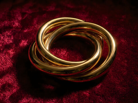 Three interlocking gold rings resting on a dark red textured surface with soft lighting and deep shadows creating a luxury aesthetic