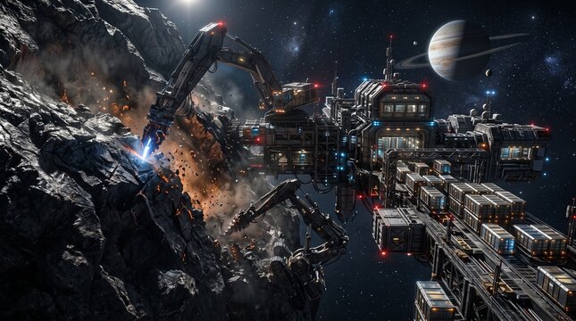Futuristic asteroid mining station with robotic excavators, autonomous drilling systems and advanced ore processing modules in deep space