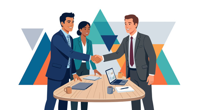 Diverse business professionals shaking hands, finalizing deal with modern geometric background. Collaboration and success concept.