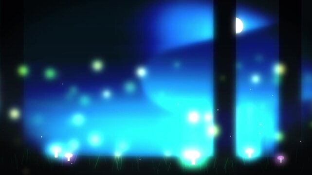 Abstract magical forest background with glowing floating fireflies and vibrant luminescent mushrooms at night