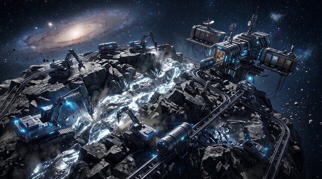 Platinum-rich asteroid being mined by autonomous drilling platforms and magnetic collectors with futuristic mineral extraction technology