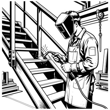 Black and white vector SVG of young man assembling a metal staircase structure using welding equipment