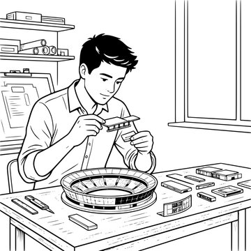 Black and white vector SVG of young man creating a scale model of a modern stadium from architectural components