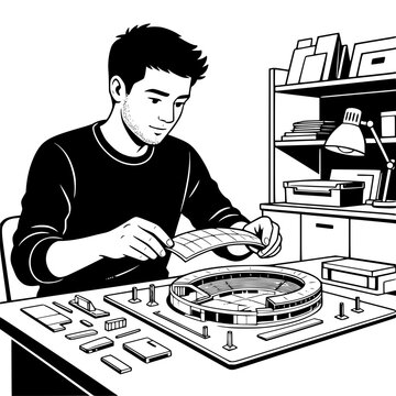 Black and white vector SVG of young man creating a scale model of a modern stadium from architectural components