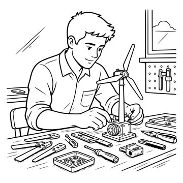 Black and white vector SVG of young man building a miniature wind turbine model with mechanical parts
