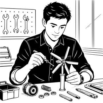 Black and white vector SVG of young man building a miniature wind turbine model with mechanical parts
