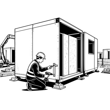 Black and white vector SVG of young man assembling a modular tiny house in an outdoor construction area