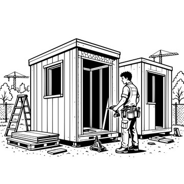 Black and white vector SVG of young man assembling a modular tiny house in an outdoor construction area
