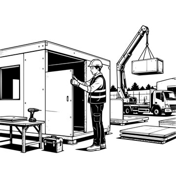 Black and white vector SVG of young man assembling a modular tiny house in an outdoor construction area
