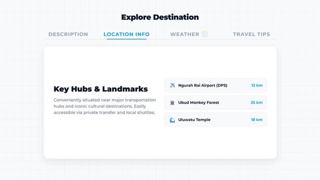 Frame-by-frame animated navigation menu featuring a continuously moving sun and cloud icon on the weather tab, with a clean data-driven layout replacing the map visual.