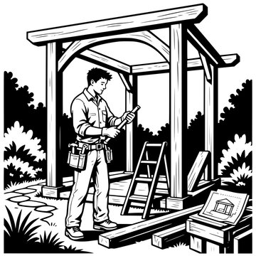Black and white vector SVG of young man constructing a decorative garden pavilion from wooden beams