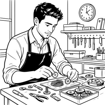 Black and white vector SVG of young man building a mechanical clock from gears, springs, and metal components