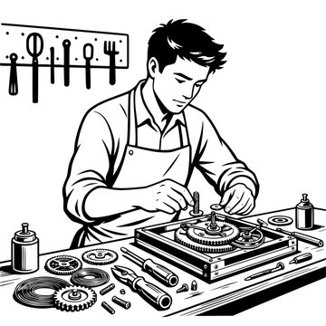Black and white vector SVG of young man building a mechanical clock from gears, springs, and metal components