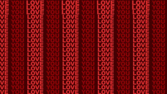 Text repeating the word love creates a vibrant red pattern suitable for romantic greeting cards and holiday background designs.