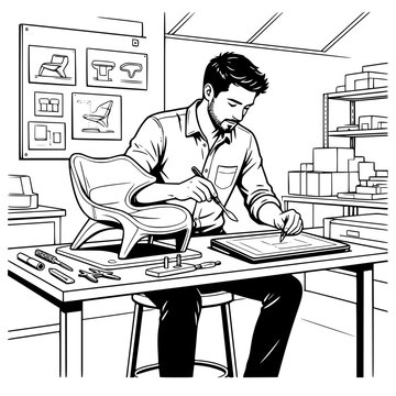 Black and white vector SVG of young man designing a futuristic chair prototype using sculpting and modeling tools